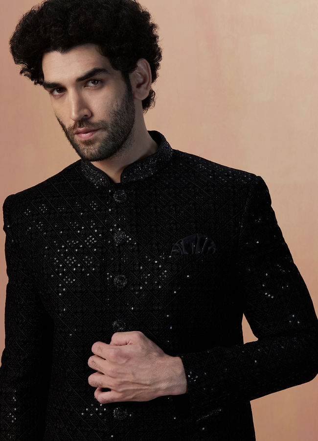 alt message - Manyavar Men Black Sequins Velvet Indo Western image number 0